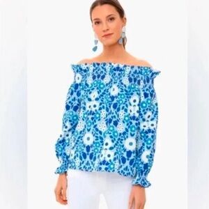 Tuckernuck Women’s Marguerite Blue Majolica Off Shoulder Top Floral Size XS